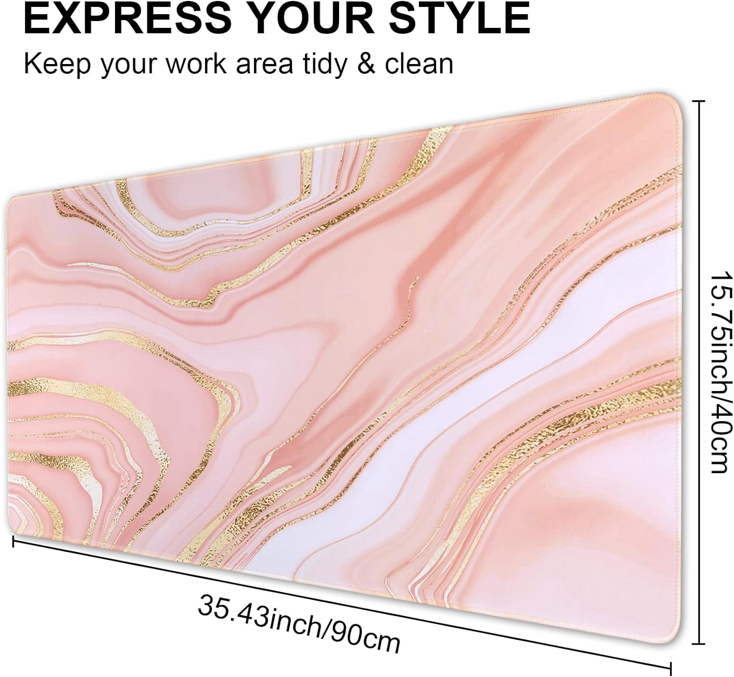 Rose Gold Desk Mat, Gaming Mouse Pad Large, XXL Desk Pad Mat with Non-Slip Rubber Base, Computer Keyboard Mat, Desktop Matt for Women, Home, Office Decor Laptop,Pink Marble Fulid
