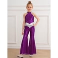 thumbnail image 6 of SiiRoh Kids Girls 70s Disco Jazz Dance Outfits Shiny Sequin Halter Crop Top with Flare Pants Stage Performance Purple 16, 6 of 7