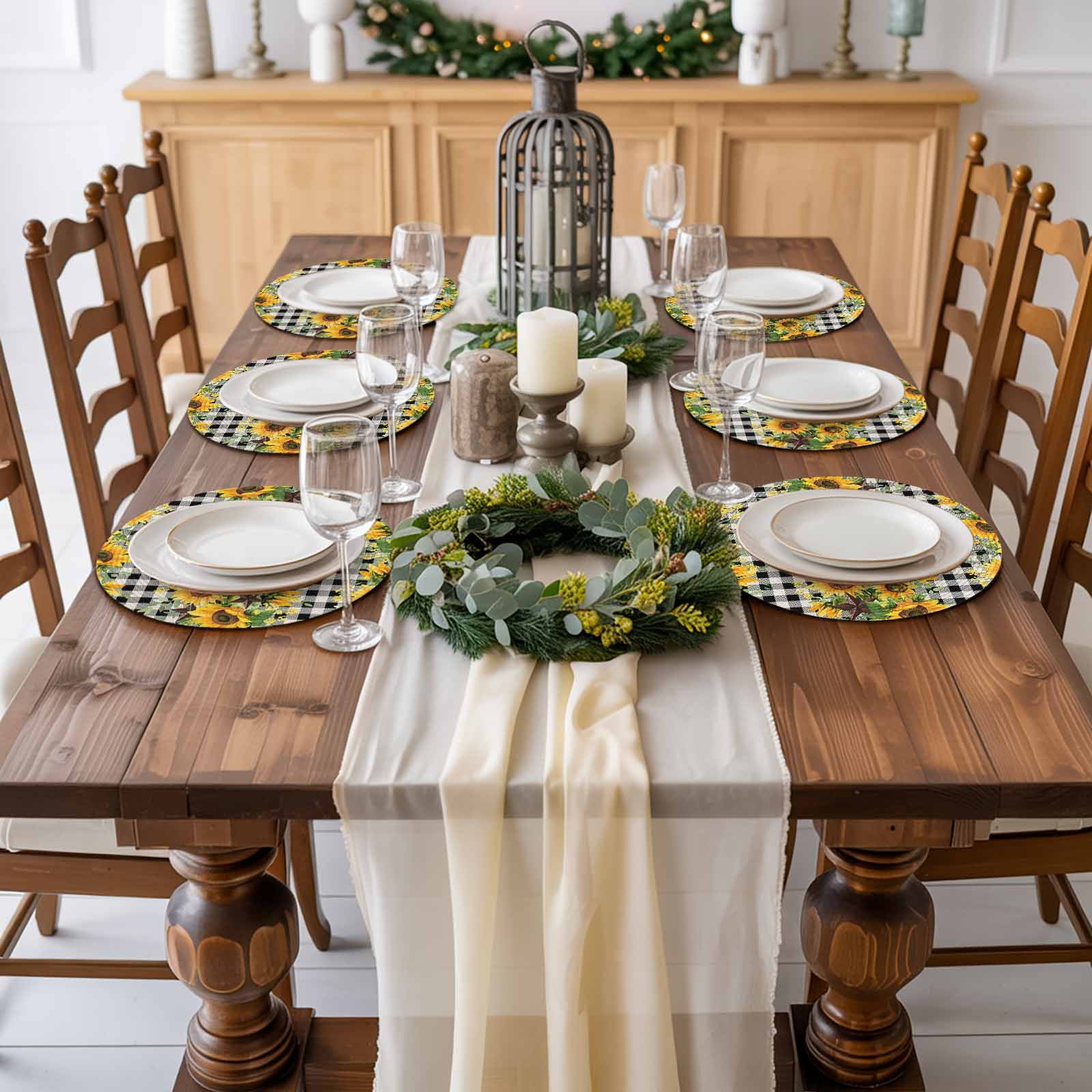 Round Woven Placemats set of 6, Sunflower Washable&Heat Resistant Plastic Wipeable Placemats for Round Table Rustic Farmhouse Barn Star Kitchen Dining Table Decor, 15in, Black Buffalo Plaid
