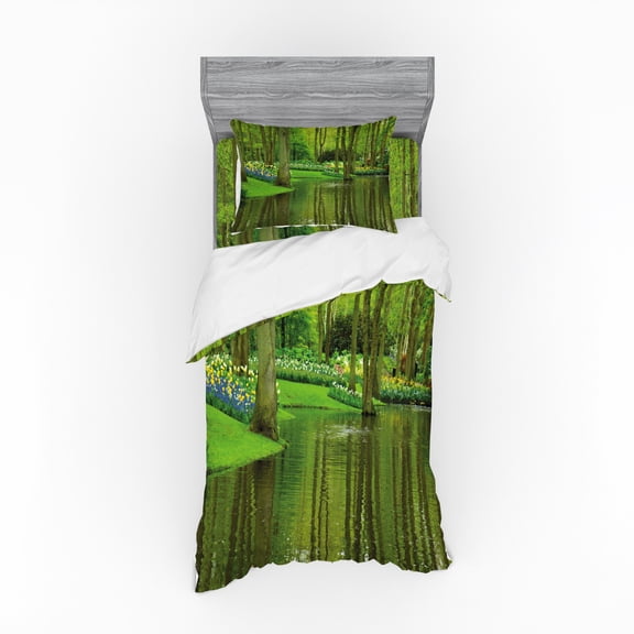 Ambesonne Nature Bedding Set 3 Pcs, Forest with Lake Botany, Twin, Fern and Lime Green