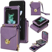 Feishell Crossbody Wallet Case for Samsung Galaxy Z Flip5,with Detachable Shoulder Strap,Premium PU Leather Metal Snap Zipper Pocket Credit Card Holder Phone Case for Women Men,Purple