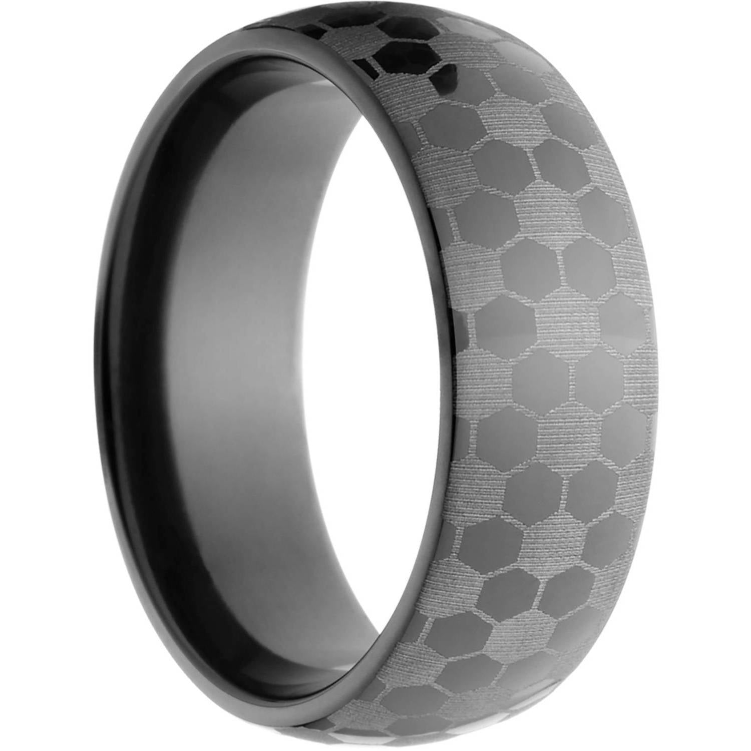 8mm Half-Round Black Zirconium Ring with a Lasered Soccer Design
