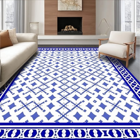 ODIKA 4'x6' Machine Washable Non-Slip Area Rug, Aztec Inspired Lattice with Accent Borders High Traffic Rug, Blue, 584588