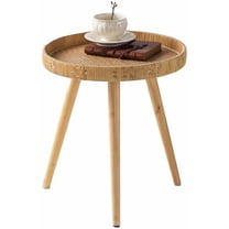 Round Rattan Side Table for Small Spaces, Boho Circle End Table Coffee Table with Solid Wood Leg for Living Room, Bedroom, Corners