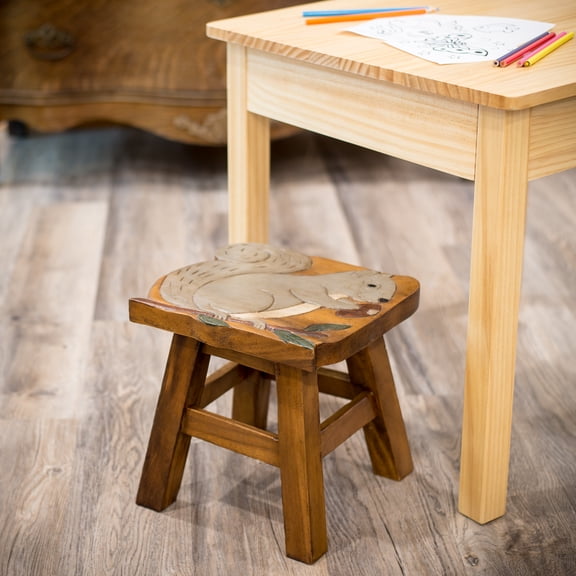 Sea Island Imports, Inc. Squirrel Hand-Carved Acacia Hardwood 11 inch Decorative Animal Foot Rest Step Stool