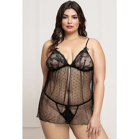 Lace and Dot Mesh Babydoll w/G-String - Black QN