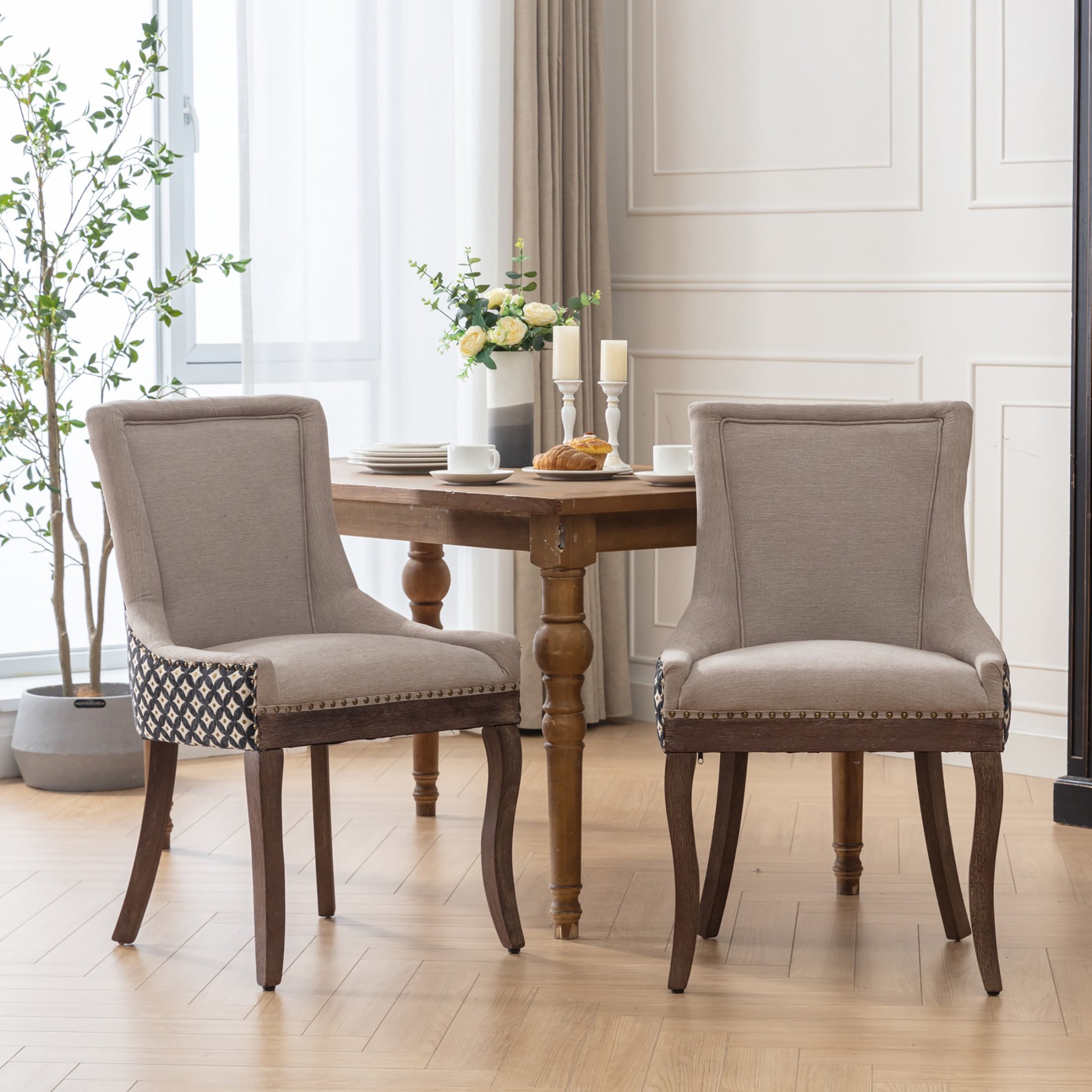 HSUNNS Indoor Dining Chairs Set of 2, Upholstered Armless Dining Room Chairs with High Backrest and Nailhead Design, Mid Century Side Dining Chairs with Wood Leg, Capacity of 300lbs, Beige+Black