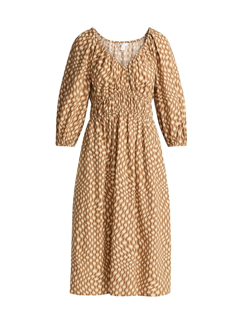 Time and Tru Women's Cinch Waist Midi Dress with Puff Sleeves, Sizes XS-XXXL