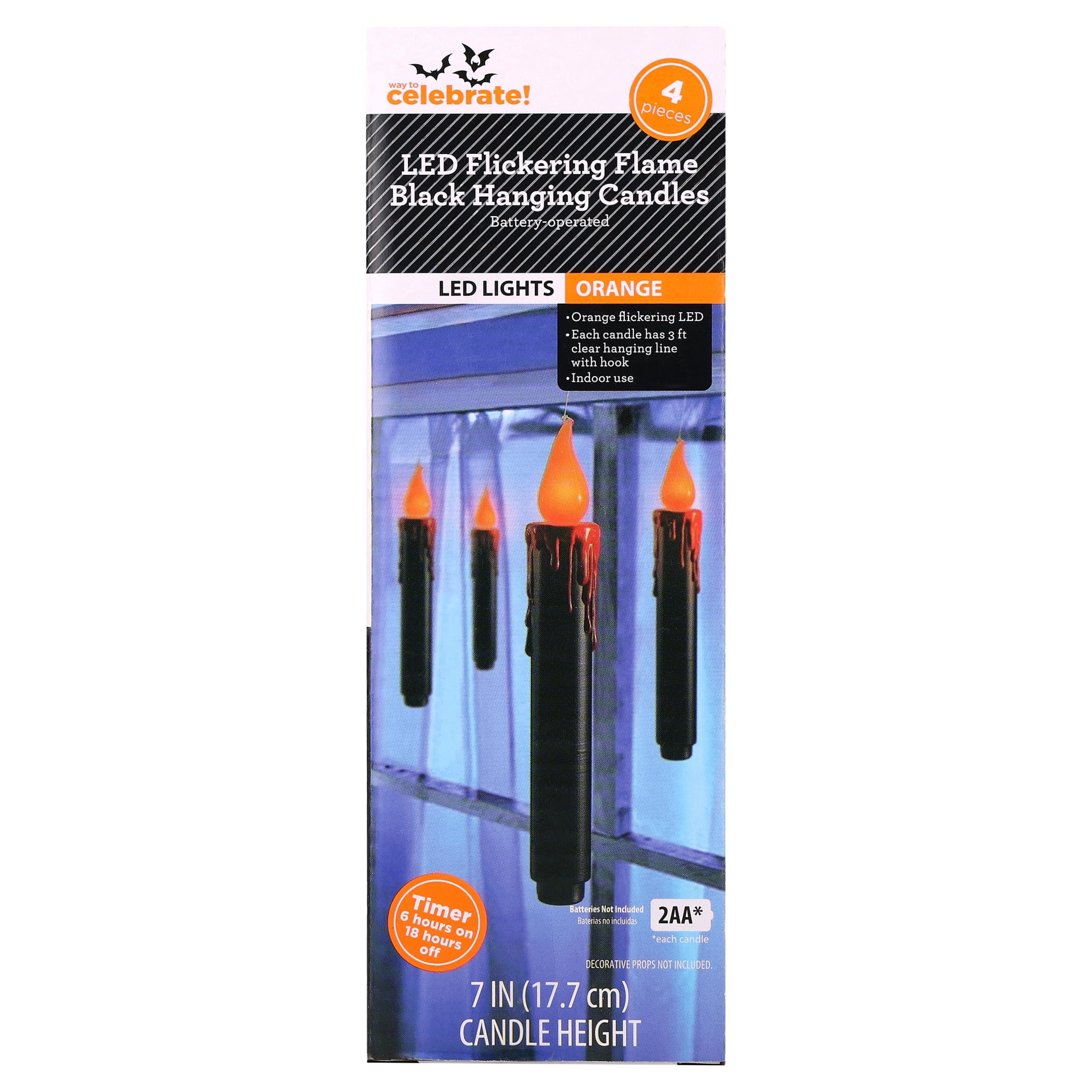 Battery-Operated LED Flickering Flame Hanging Candles, Black, 7", 4 Count, Halloween by Way To Celebrate