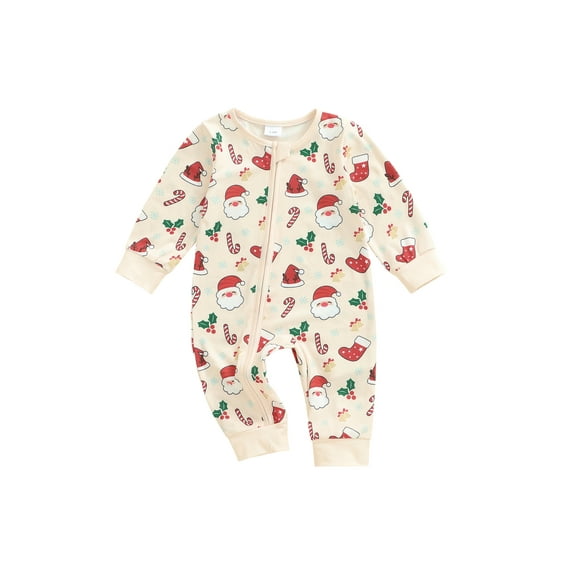 Qmyliery Newborn Baby Christmas Romper Santa Claus Print Long Sleeve Round Neck Zip Jumpsuit for Boys and Girls