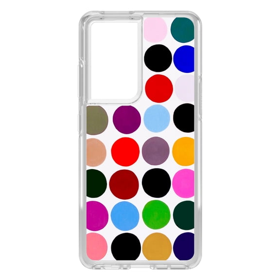 DistinctInk Clear Shockproof Hybrid Case for Galaxy S21 ULTRA 5G (6.8" Screen) - TPU Bumper, Acrylic Back, Tempered Glass Screen Protector - Rainbow Polka Dots