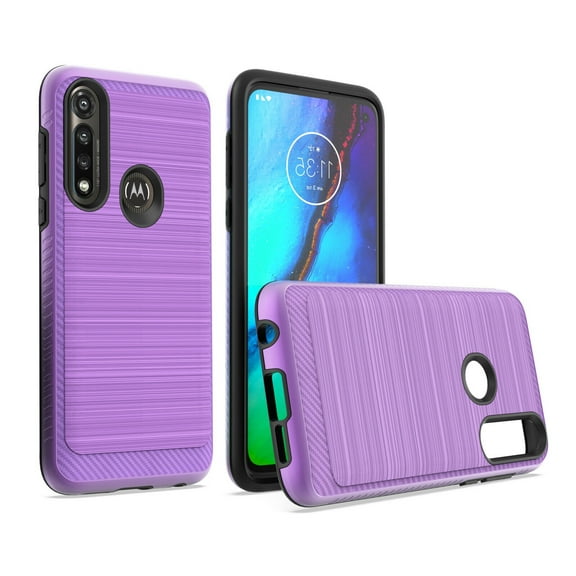 For Motorola Moto G Power XT2041DL Brushed Hybrid Phone Cover Case   Tempered Glass - Lining Purple