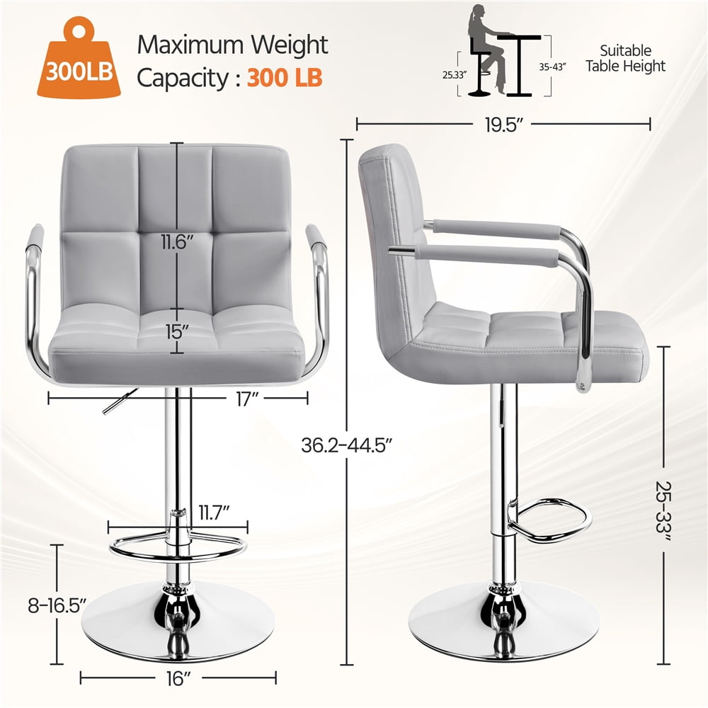 Yaheetech 2pcs PU Leather Adjustable Bar Stools for Dining Room, Light Gray