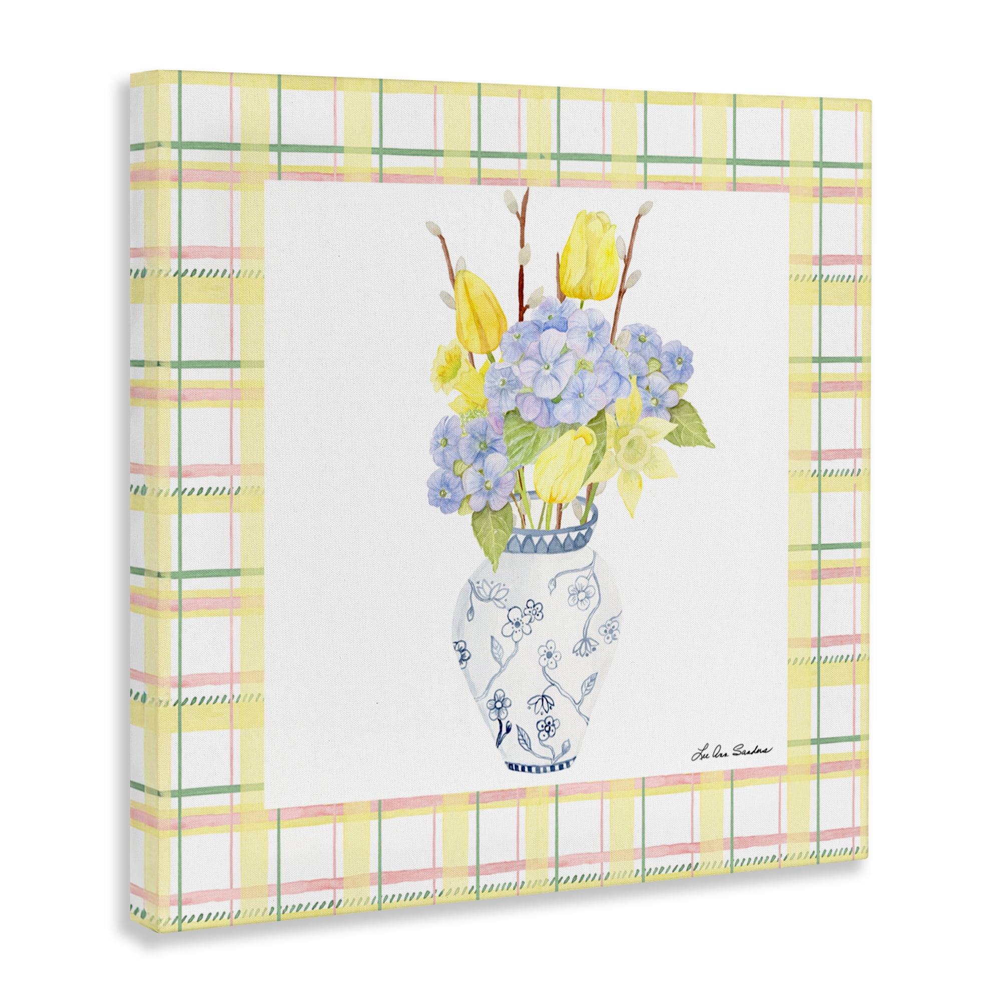 Spring Vase on Yellow Plaid Canvas Wall Art, design by Lee Ann Sanders
