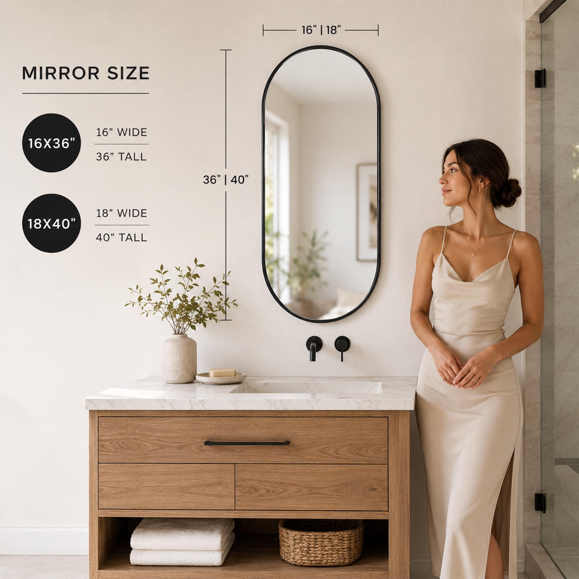 Leumius 18"x 40" Oval PVC Frame Mirror for Bedroom Bathroom Living Room Entryway Black