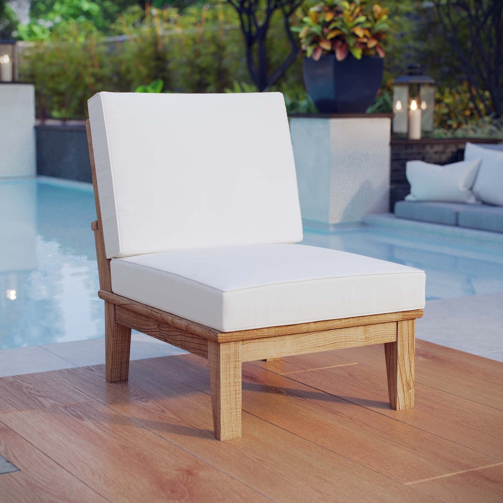 Modway Marina Modern Wood Outdoor Teak Armless Chair in Natural/White