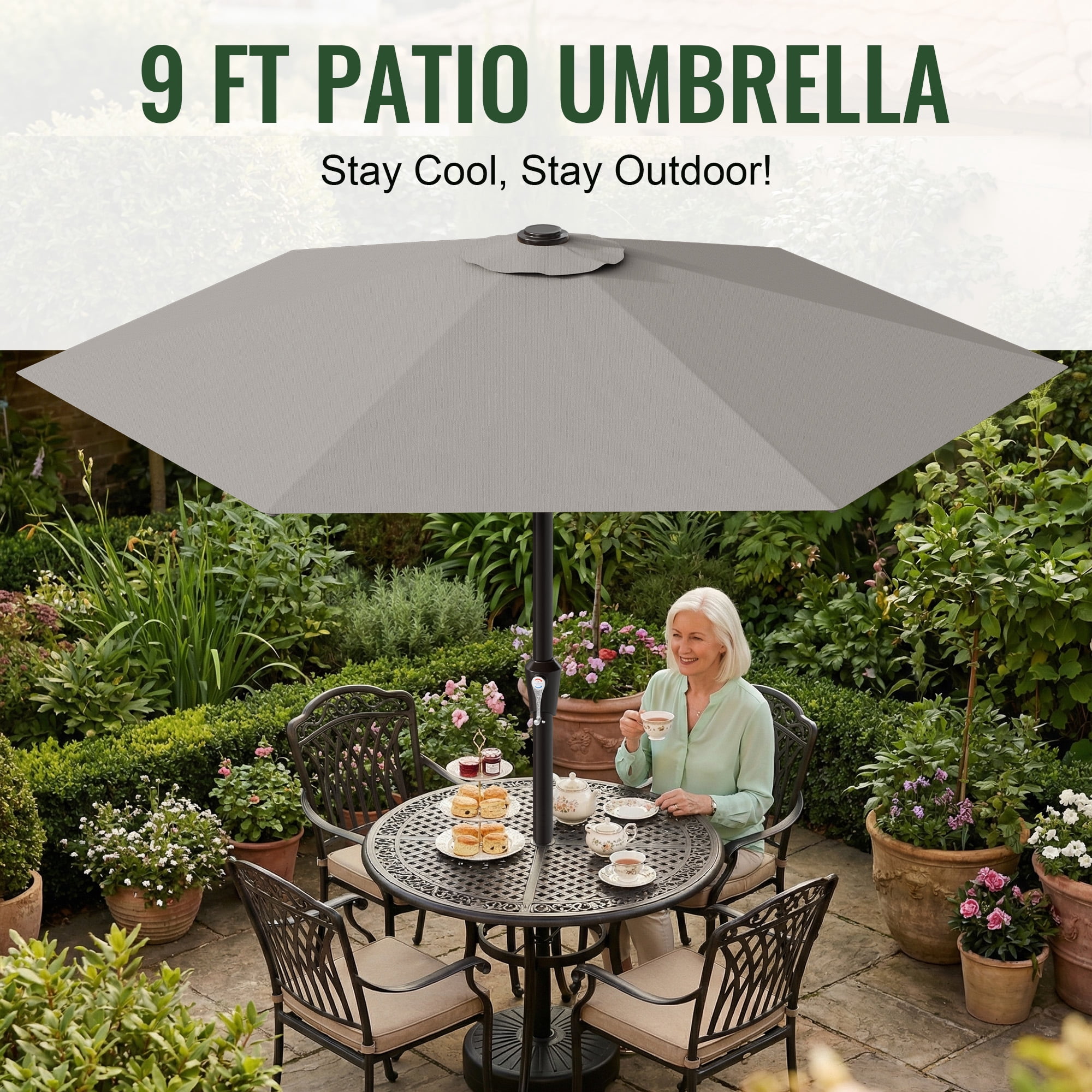 Easthome 9ft Patio Umbrella with Crank Lift System & 6 Sturdy Ribs Waterproof, Patio Table Umbrella Perfect for Poolside, Terrace, Beach and Outdoor Restaurant, Light Gray