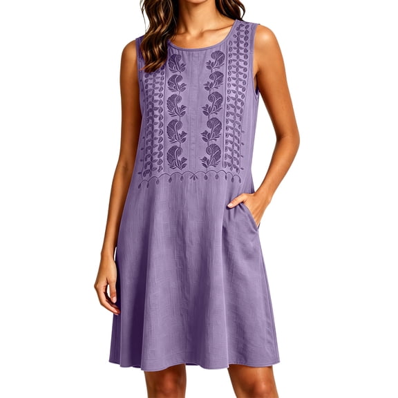 Ygbgbb Women's Embroidered Tank Mini Dress, Crew Neck Sleeveless, Loose Relaxed Casual Everyday Dress Purple XXL