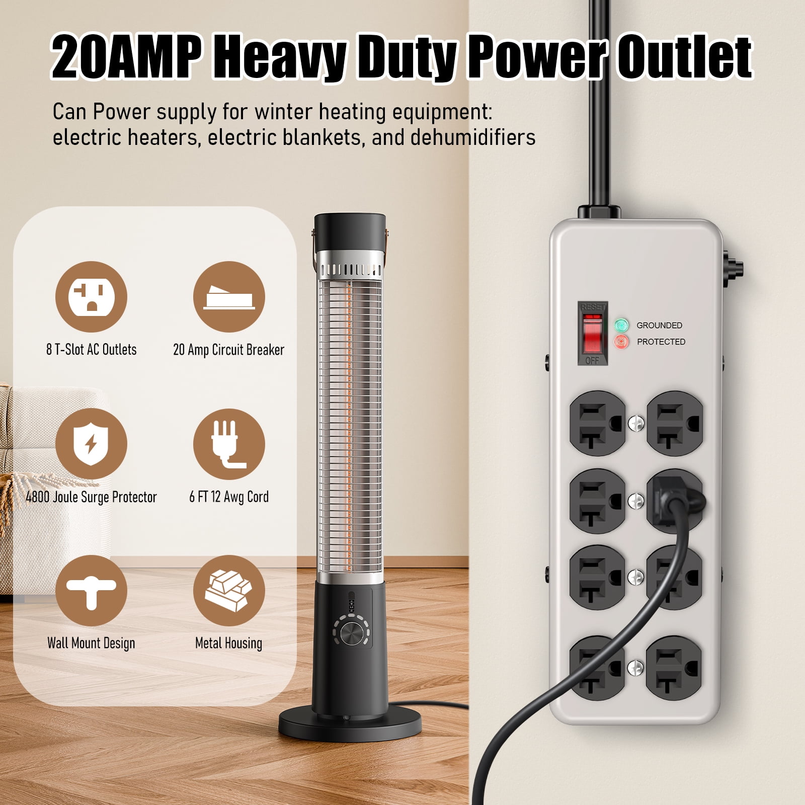 VILONG 20 Amp Metal Power Strip,Heavy Duty Electrical Surge Protector, 8-Outlet 4800J 2500W,6ft 12AWG Extension Cord Plug for Indoor/kitchen,Gray