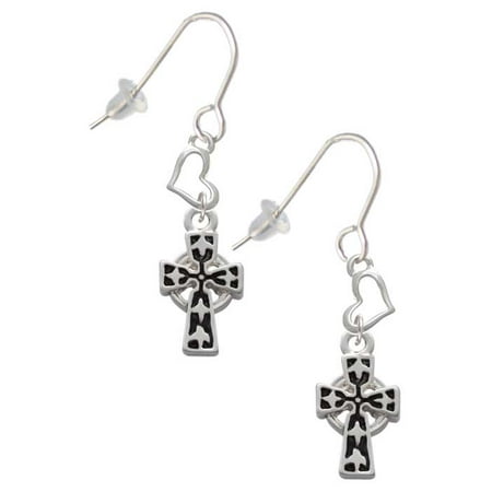 Silvertone Antiqued Celtic Cross Heart French Earrings