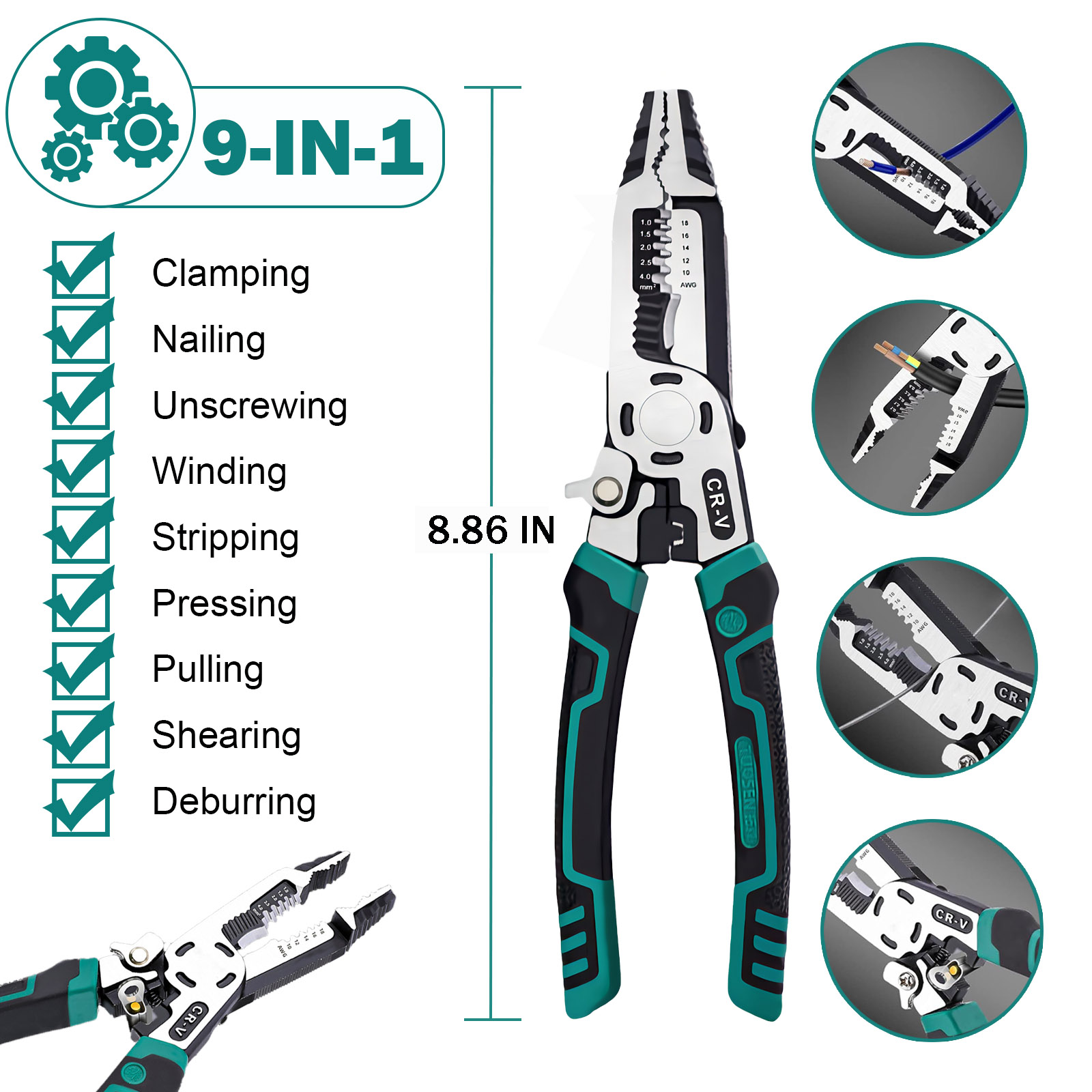 Cteifuer 9 in 1 Multipurpose Wire Stripper, 9 Heavy Duty Super Tough Electrical Wire Pliers Crimper, Electrical Lineman Wire Stripper Tool with Wire Cutter, Wiring Tools