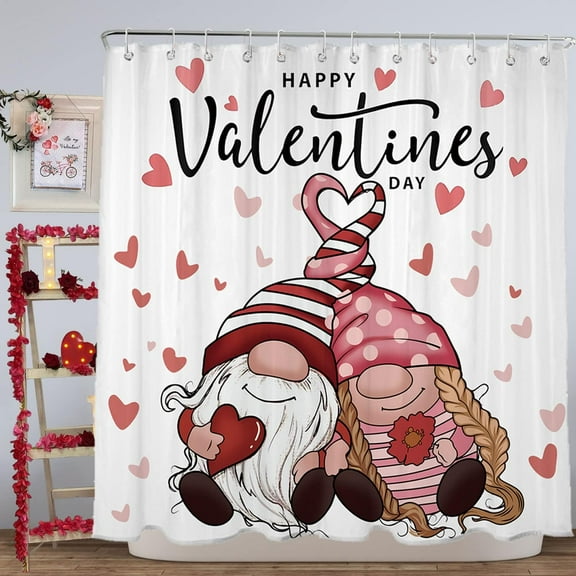 Newhomestyle Valentines Day Shower Curtain, 72"X72" Gnome Valentine Shower Curtain, Valentines Bathroom Decor, Happy Valentines Day Bathroom Set with Hooks, Cortinas de Baño de San Valentin