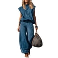 thumbnail image 2 of Cagogo Women Plus Size High Neck Sleeveless 2 Piece Set Casual Loose Fit Solid Summer Vacation Outfits Boho Print Pants Matching Lounge Sets Cruise Travel Clothes, Dark Blue L, 2 of 6