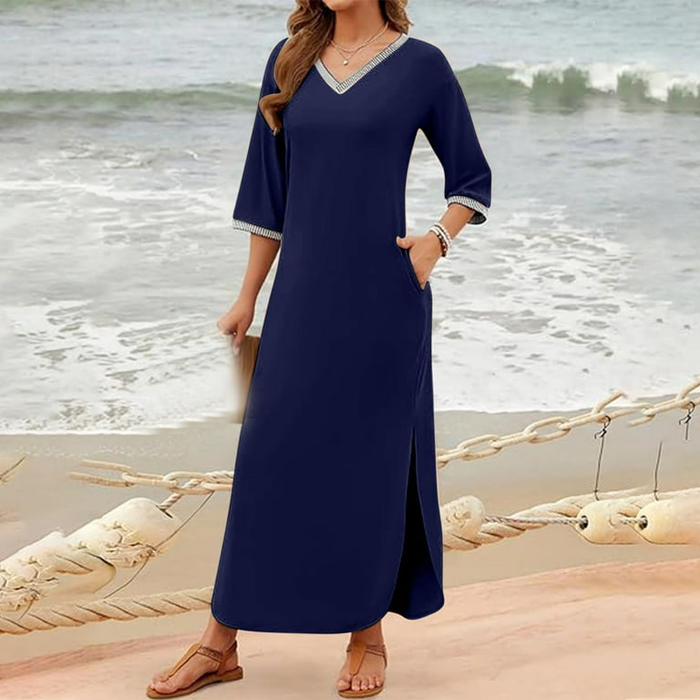DailyTrove Women's Solid Color V-Neck Maxi Dress, Short Sleeve, Casual  Office & Evening Wear, Stretchy Jersey Fabric, Side Slit