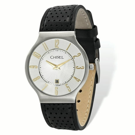 Primal Steel Mens Chisel Stainless Steel White Dial Black Leather Watch