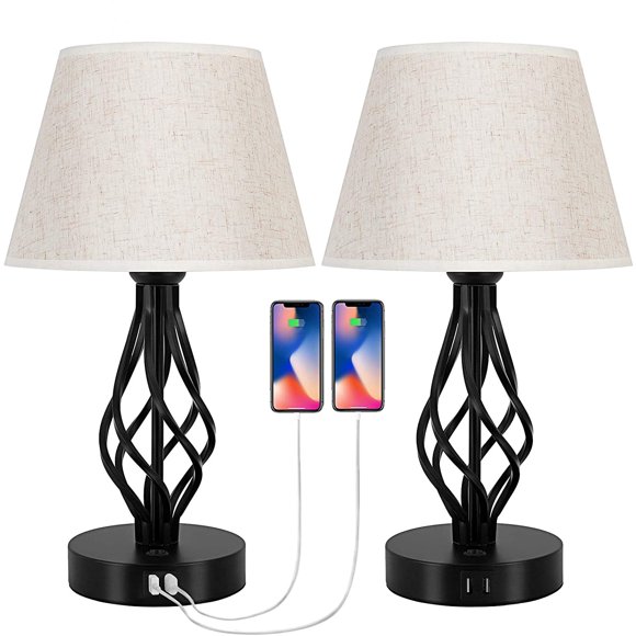 2 Pcs Lampe de Table Vintage pour Chambre Base en Métal Abat-Jour en Lin