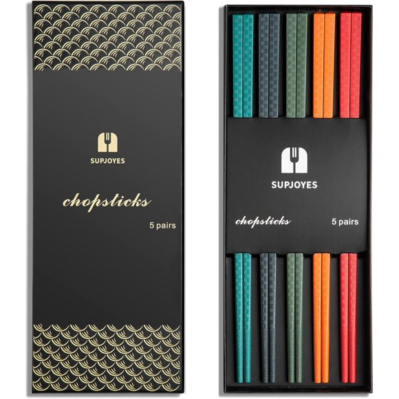 SUPJOYES Reusable Fiberglass Chopsticks, Multicolour Chop Sticks 5 Pairs Dishwasher Safe, 9.5 Inch