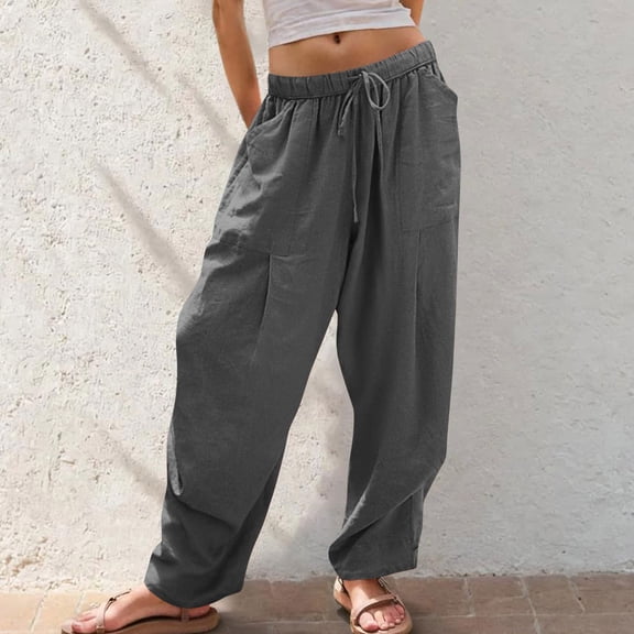 Mceream Wide Leg Pants Women Plus Size Linen Baggy Harem Pants Drawstring Casual Lounge Pant with Pockets Casual Elastic Waist Summer Boho Beach Pants Loose Fit Dark Gray L