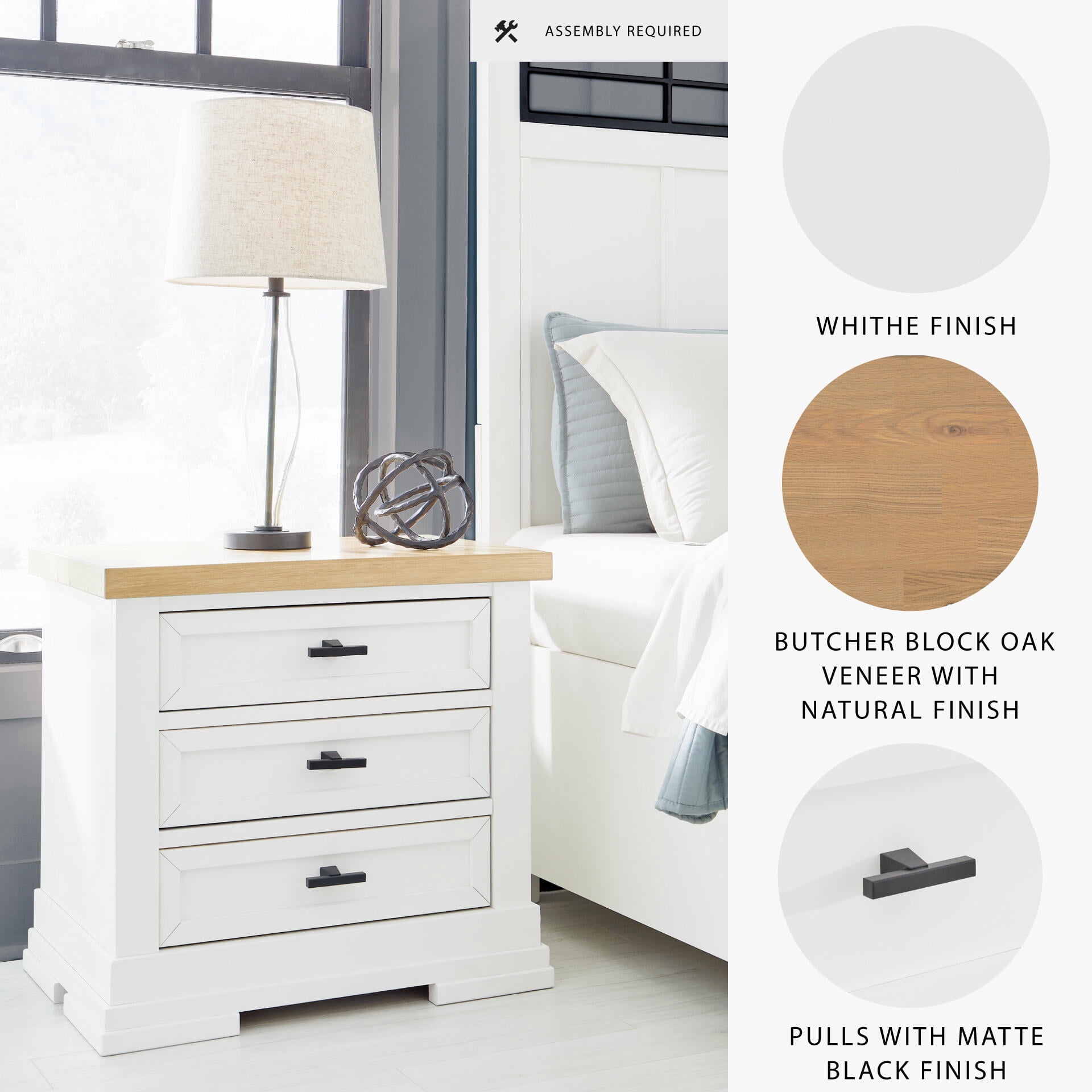 Signature Design by Ashley Ashbryn Three Drawer Farmhouse Style Nightstand – White & Natural Brown, USB Charging, Spacious Storage, Dovetail Drawers