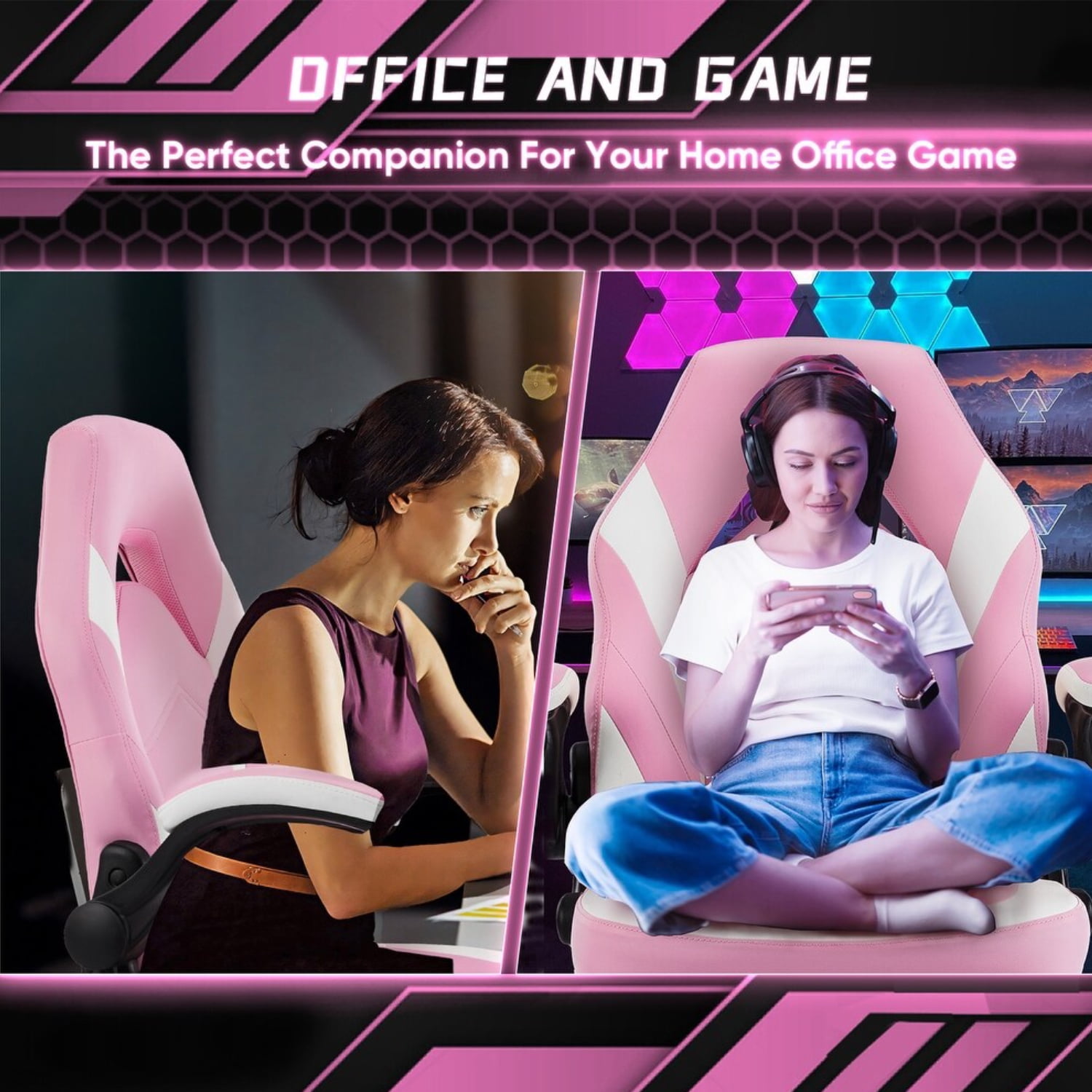 Ergonomic Gaming Chair, High Back PU Leather Computer Desk Chair with Lumbar Support, Flip-up Armrests & Adjustable Height, Pink White