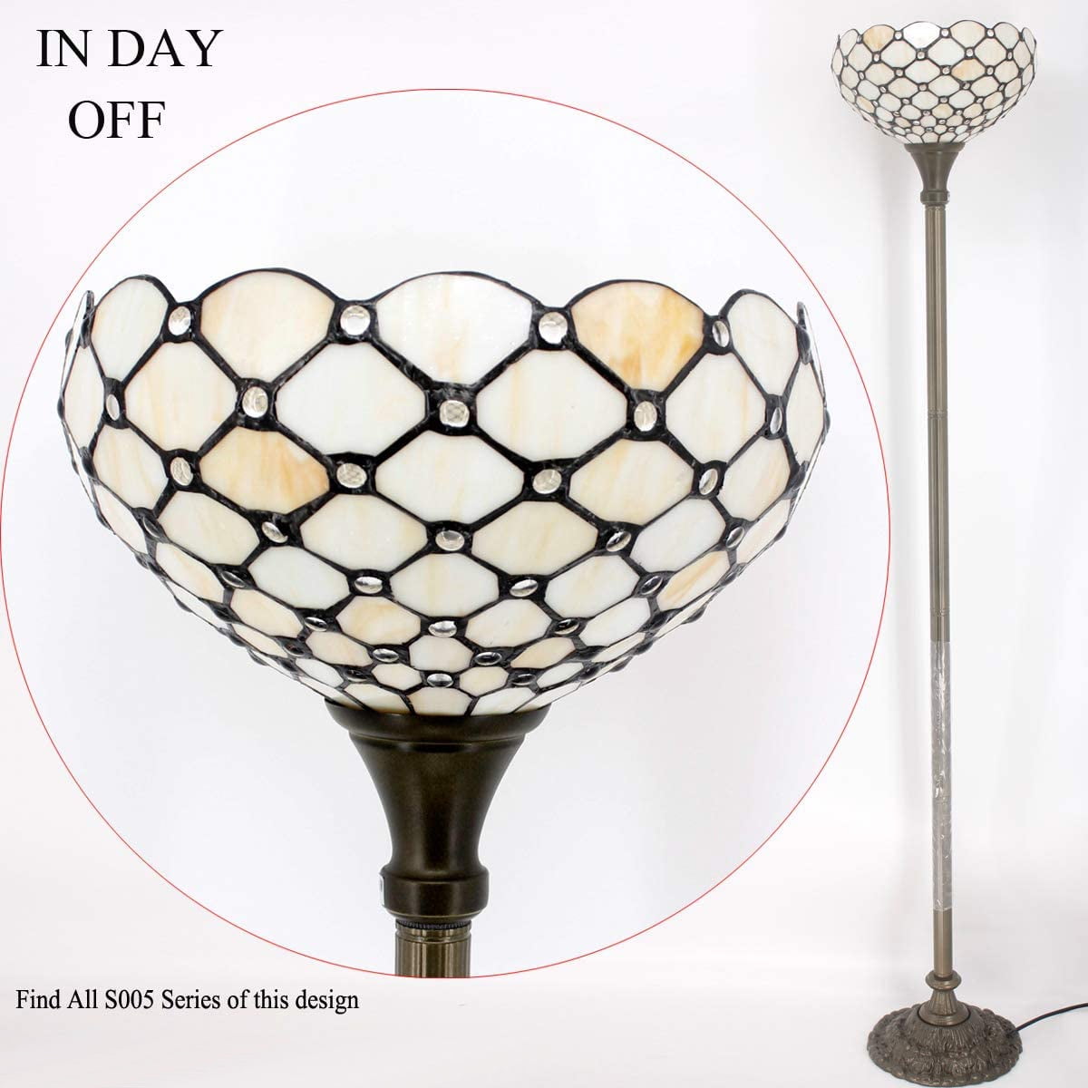 Tiffany Style Floor Lamp Torchiere Up Lighting W12H66 Inch Amber Stained Glass Crystal Bead Lampshade Antique Standing Iron Base 1E26 Foot Switch S005 Living Room Home Office Decoration