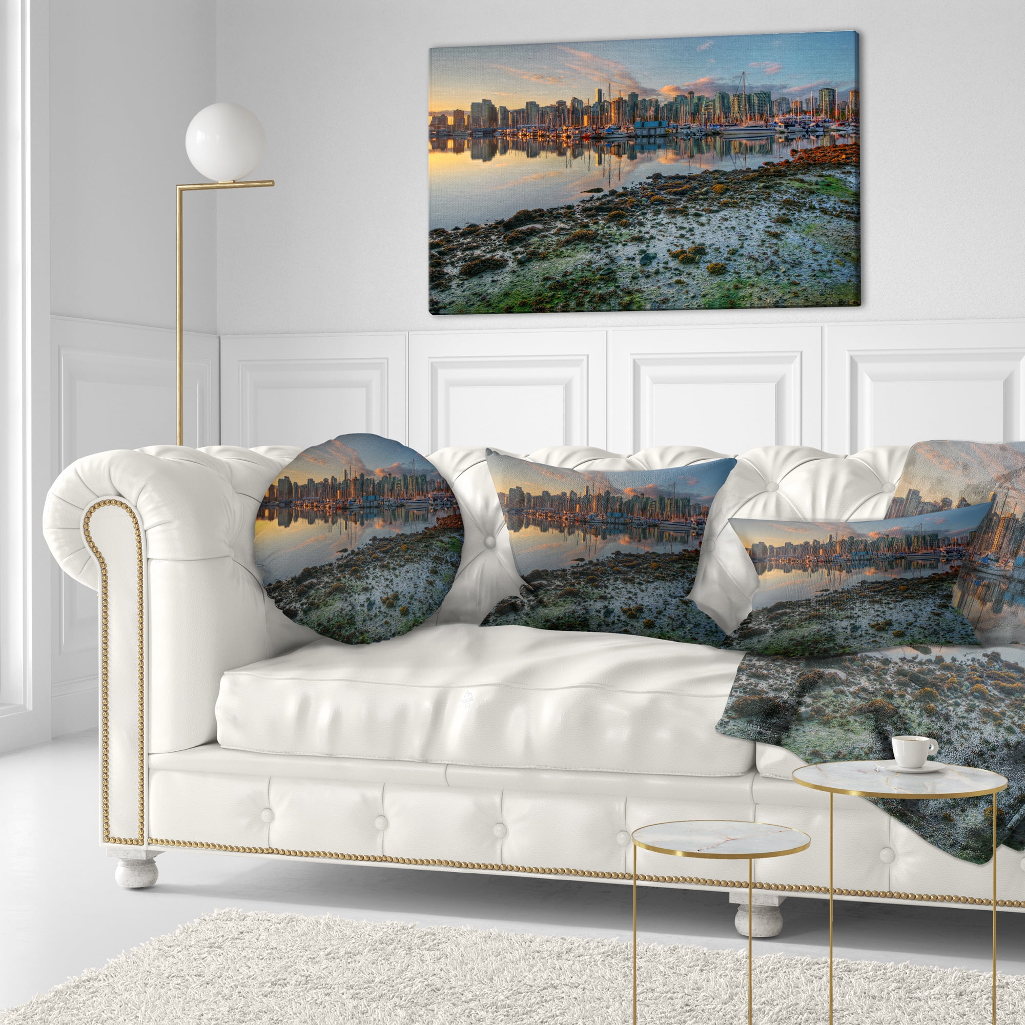 Designart Beautiful Sunrise at Vancouver Downtown - Seashore Throw Pillow - 12x20