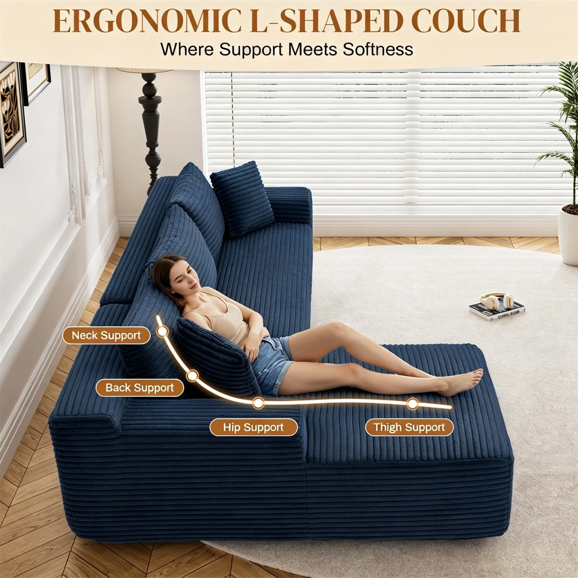 Aukfa 96" Cloud Sectional Sofa Deep Seat Boneless Couch Modular L-Shaped Couch, Right Chaise Corduroy Sofa for Living Room, Blue