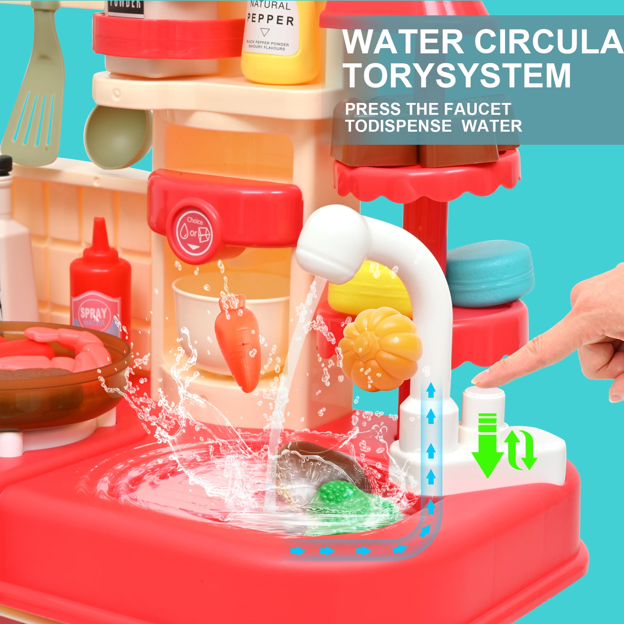 Kitchen Playset, 48Pcs 28Inch Pretend Play Food Toys Kitchen Set for Boys and Girls, Kitchen Toys with Realistic Lights&Sounds, Simulation of Spray and Play Sink,  with Toddler