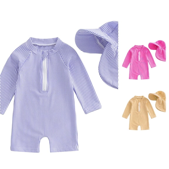 Baby Boys Girls Swimsuit 1 Piece Striped Zipper Bathing Suit Rash Guard Long Sleeve Seersucker Swimwear Sunsuit Bathing Suit Baby Boy 3-6 Months