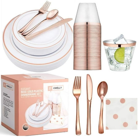 Christmas Dinner Bolton KWELLY Disposable Plastic Tableware Set | Includes Plates, Cutlery, Napkins & Cups for Dinner, Party, Bridal Shower, Birthday & Christmas | No BPA | 160 Pieces Rose Gold Fancy & Elegant Silverware ()