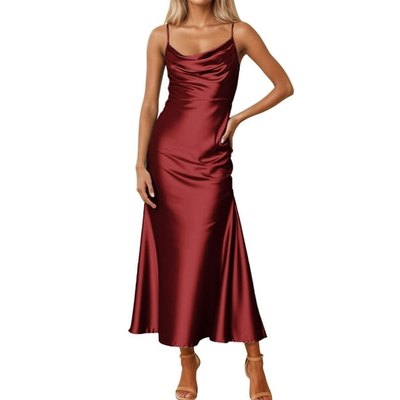 nerohusy Summer Satin Maxi Dresses for Women 2025 Cowl Neck Ruched Silk Formal Wedding Guest Spaghetti Strap Slip Dress with Slit Red,L
