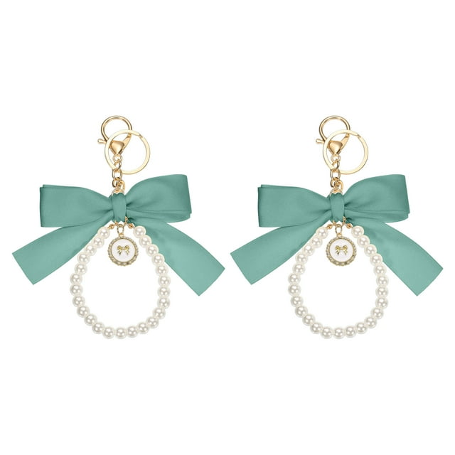 2 Pack Ribbon Bow Keychain, Cute Pearl Wristlet Keychain, Bag Accessories Bow Charm, Gray-Green