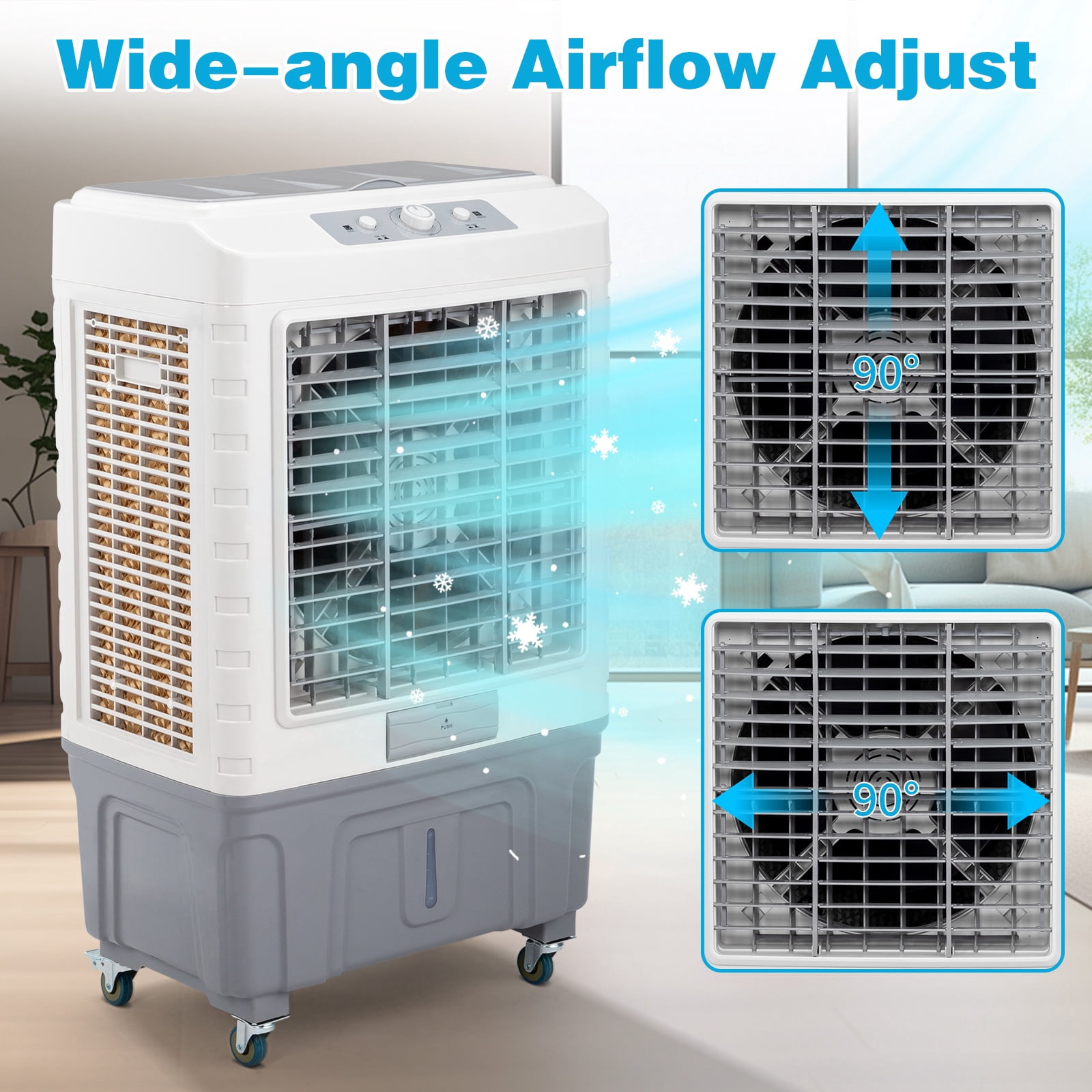 13.2-Gal Portable Air Conditioner, 3-in-1 Evaporative Air Cooler with 3 Modes & 3 Speeds, Portable Cooling Fan with 4 Ice Boxes, Coverage 323 Square Feet, 4 Scroll Casters, White