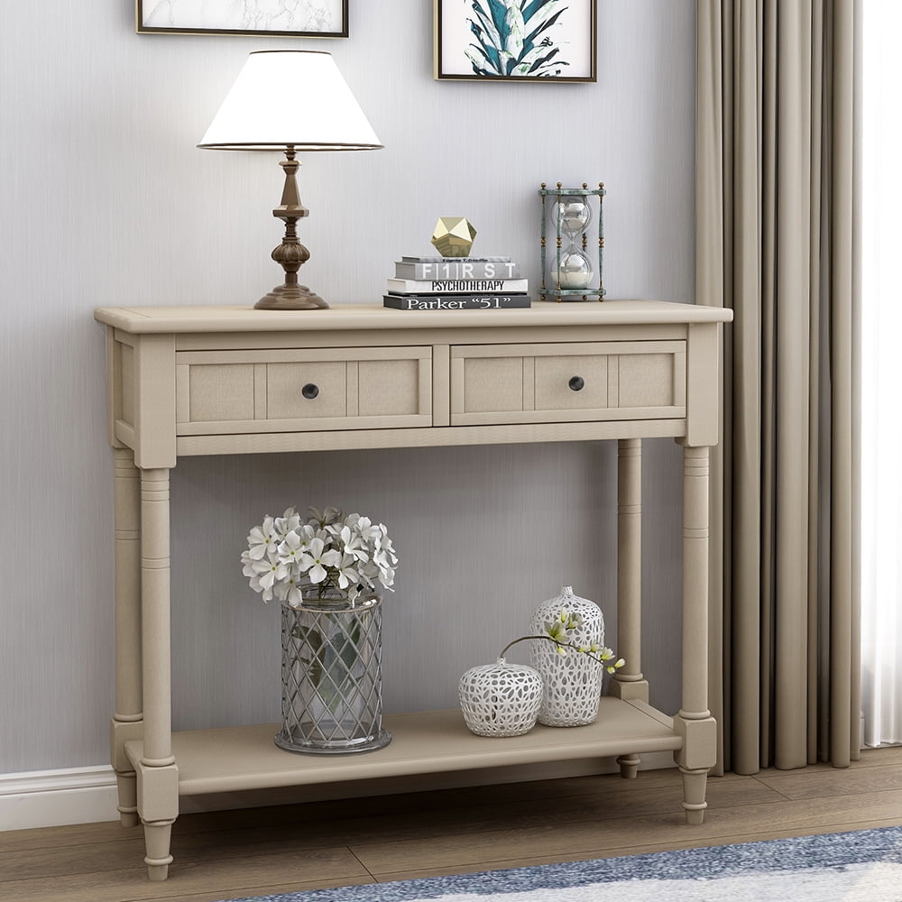 Kepooman Daisy Series Wooden Console Table with 2 Drawers & Bottom Shelf for Entryway, Acacia Mangium, 35.43" L x 13.8" W x 29.9" H, Retro Grey Kepooman Daisy Series Wooden Console Table with 2 Drawers & Bottom Shelf for Entryway, Acacia Mangium, 35.43" L x 13.8" W x 29.9" H, Retro Grey