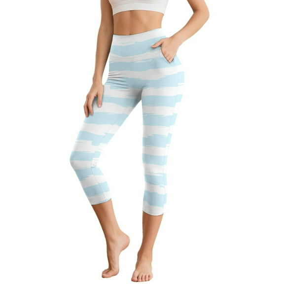 HELLHERO Stripe Printed Yoga Pants for Women Tummy Control Capri Leggings Breathable Workout Leggings with Pockets, M