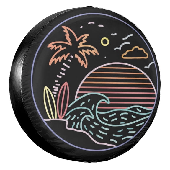 KAKALAD Colorful Line Palm Trees Surfboards Ocean Sunset Spare Tire Cover Universal Vehicle Accessories Buckle Car Tools 14”in