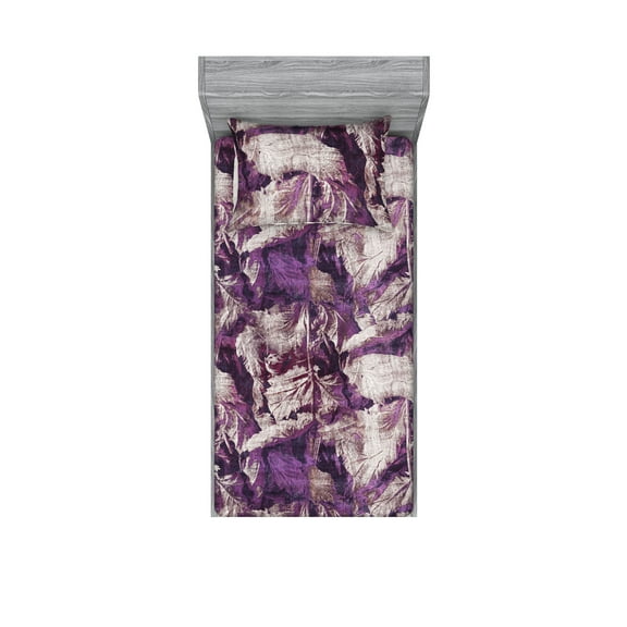 Weathered Leaves Fitted Sheet & Pillow Sham Set, Grunge Leaf Print Boho Vibes of Forest and Branches Tangled Look, Decorative Printed 2 Piece Bedding Decor, Twin, Violet Pale Tan Plum, by Ambesonne