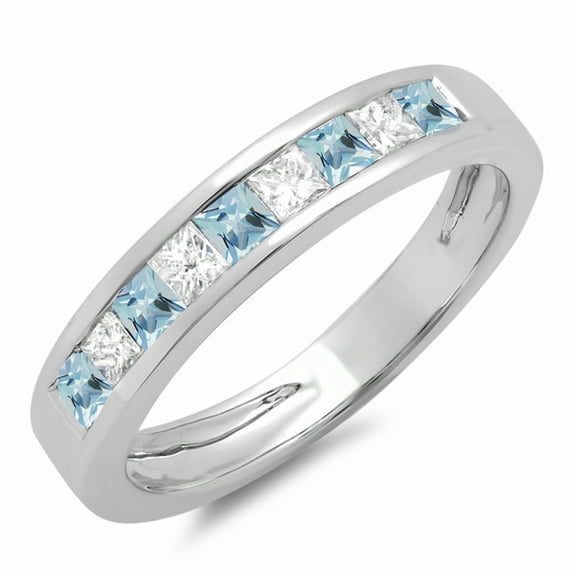 18K White Gold Princess Aquamarine & White diamond Ladies Anniversary Wedding Band Stackable Ring