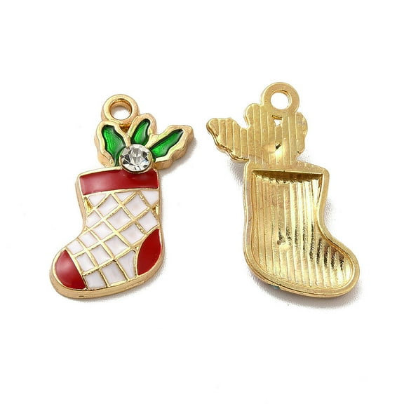 10 pc Alloy Enamel Pendants with Rhinestone Christmas Sock Charm Golden 23x17.5x4.5mm Hole: 1.8mm