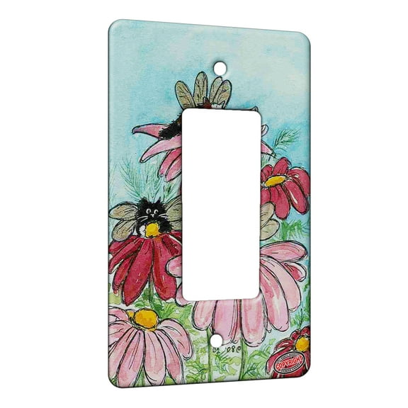 KuzmarK™ 1 Gang Rocker Wall Plate - Tiny Kitty Fairies with Fiesta Daisies Fantasy Fairy Cat Art by Denise Every